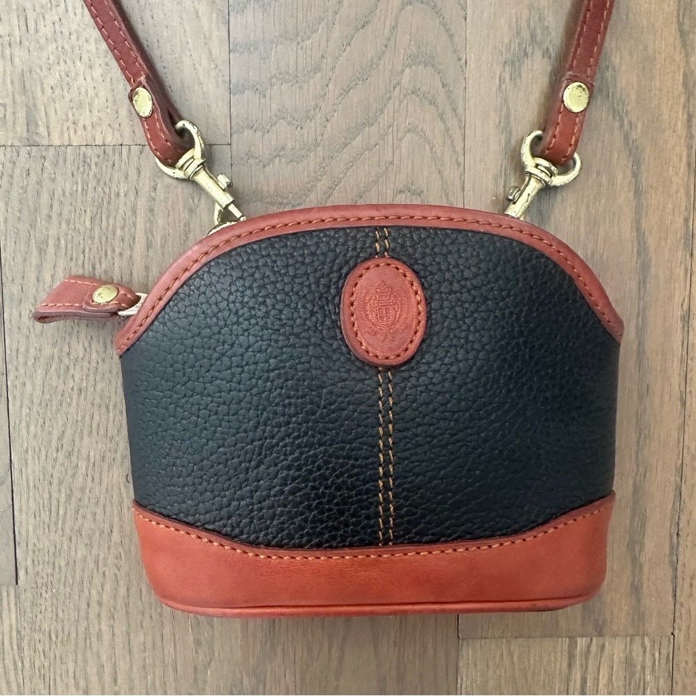 Vintage Pebbled Leather Mini Crossbody Handbag Black, Brown Trim 6.5" x 4.75"